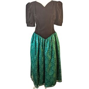 Vtg 80s Gunne Sax Party Dress Black Velvet Green Lace Full Skirt Prom Formal